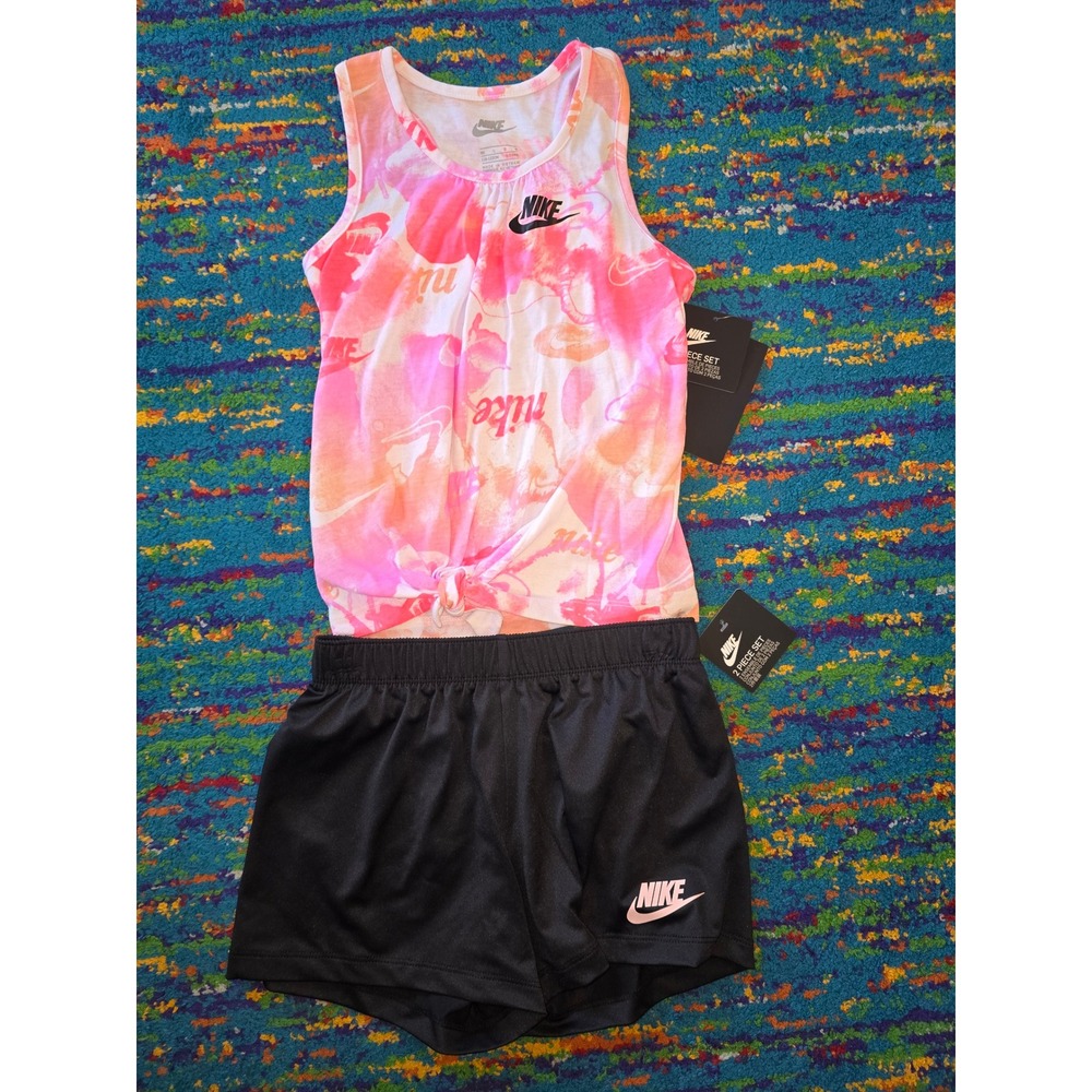 NWT Nike 2 Piece Set Pink Orange Tie Dye Tank and Black Shorts Girls 6X